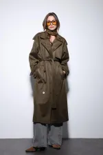 Antioch Haki Kruvaze Süet Görünümlü Premium Kadın Trençkot