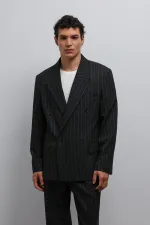 Antioch Black Striped Double-Breasted Men's Blazer Jacket