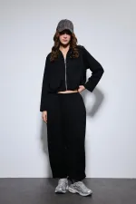 Antioch Siyah Volümlü Ceket Ve Paça Lastikli Eşofman Takım