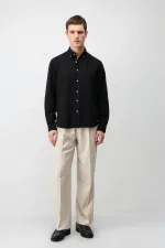 Antioch Siyah Keten Karışımlı Relaxed Fit Erkek Gömlek