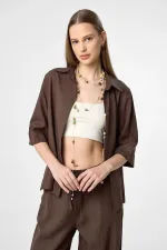 Antioch Kahve Keten Karışımlı Kadın Gömlek