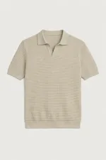 Antioch Beige Knitted Textured Polo Collar Men's T-Shirt Antioch Beige Knitted Textured Polo Collar Men's T-Shirt
