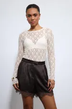 Antioch Ekru Dantel Detaylı Transparan Bluz