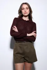 Pull en maille à motif Antioch bordeaux à col polo pour femme