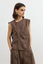 Antioch Coffee Lyocell Blend Buttoned Women's Top