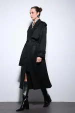 Antioch Black Double-Breasted Suede-Look Premium Women's Trench Coat