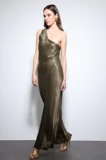 Antioch Haki Asimetrik Yaka Saten Uzun Elbise