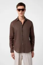 Antioch Kahve 100% Keten Comfort Fit Erkek Gömlek