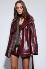 Antioch Bordo Suni Deri Kemerli Trençkot