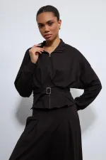 Antioch Acı Kahve Bel Kemerli Geniş Paça Pantolonlu Takım