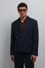 Antioch Lacivert Kruvaze Relax Crop Fit Blazer Ceket