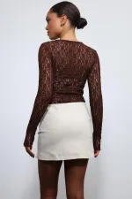 Antioch Kahve Dantel Detaylı Transparan Bluz