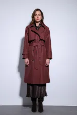 Trench-coat Antioch bordeaux à double boutonnage et ceinture pour femme