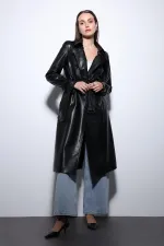 Antioch Siyah Kadın Suni Deri Kemerli Trençkot