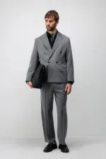 Antioch Gri Relax Fit Kruvaze Erkek Blazer Ceket