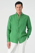 Chemise homme Antioch vert pistache avec bouton au col, 100 % lin