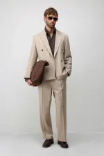 Antioch Bej Relax Fit Kruvaze Erkek Blazer Ceket