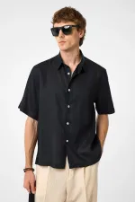 Antioch Siyah 100% Keten Relaxed Erkek Gömlek