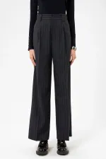 Antioch Lacivert Kadın Yüksek Bel Pileli Çizgili Pantolon