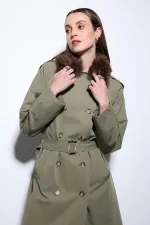 Antioch Haki Suni Kürklü Yaka Kadın Trençkot