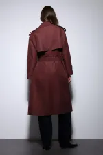 Trench-coat Antioch bordeaux à double boutonnage et ceinture pour femme