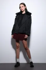 Antioch Siyah Suni Kürklü Kısa Kadın Trençkot