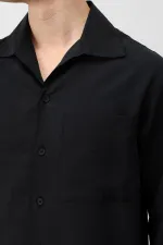 Antioch Siyah Lyocell Karışımlı Geniş Yaka Erkek Gömlek