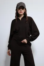 Antioch Kahve Geniş Paça Çizgili Eşofman Takım