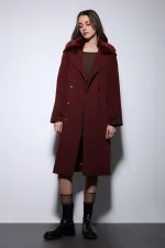 Antioch Burgundy Faux Fur Collar Women's Trench Coat