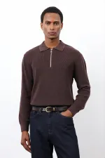 Antioch Kahve Fermuarlı Erkek Triko Kazak