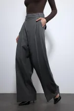 Antioch Gri Çizgili Geniş Paça Pantolon