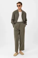 Antioch Khaki Modal Fabric Relax Fit Belted Men's Trousers