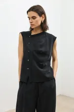 Antioch Siyah Lyocell Karışımlı Düğmeli Kadın Top