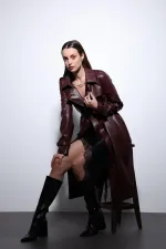 Trench-coat ceinturé en similicuir bordeaux pour femme, style Antioch