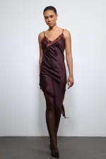 Antioch Bordo Asimetrik Dantel Elbise