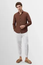 Antioch Men's Shirt with Coffee Collar and Button Detail, 100% Linen