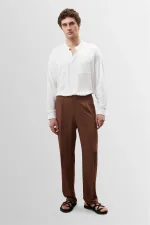 Pantalon pour homme Antioch Coffee en lin mélangé plissé taille haute