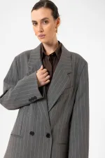 Antioch Gri Kadın Çizgili Oversize Blazer Ceket