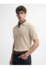 Antioch Beige Knitted Textured Polo Collar Men's T-Shirt Antioch Beige Knitted Textured Polo Collar Men's T-Shirt