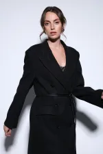 Antioch Siyah Kemerli Kruvaze Kadın Kaban