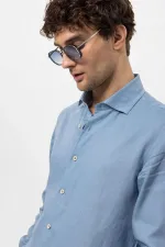 Antioch Bebe Blue Collar Button Detail 100% Linen Men's Shirt
