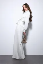 Antioch Ekru Bel Kemerli Geniş Paça Pantolonlu Takım