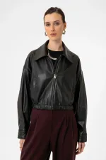 Antioch Siyah Crop Suni Deri Kadın Ceket
