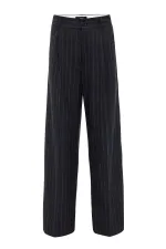 Antioch Lacivert Kadın Yüksek Bel Pileli Çizgili Pantolon