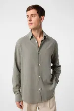 Antioch Haki Relax Fit Keten Karışımlı Erkek Gömlek