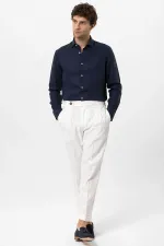 Antioch Lacivert Yaka Düğme Detaylı %100 Keten Erkek Gömlek