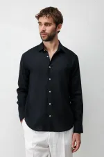 Antioch Siyah 100% Keten Relax Fit Erkek Gömlek