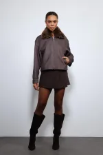 Veste Antioch Coffee en laine mélangée à col en fausse fourrure