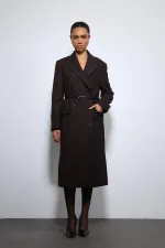 Antioch Kahve Balıksırtı Desenli Kemerli Kaban