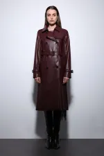 Trench-coat ceinturé en similicuir bordeaux pour femme, style Antioch